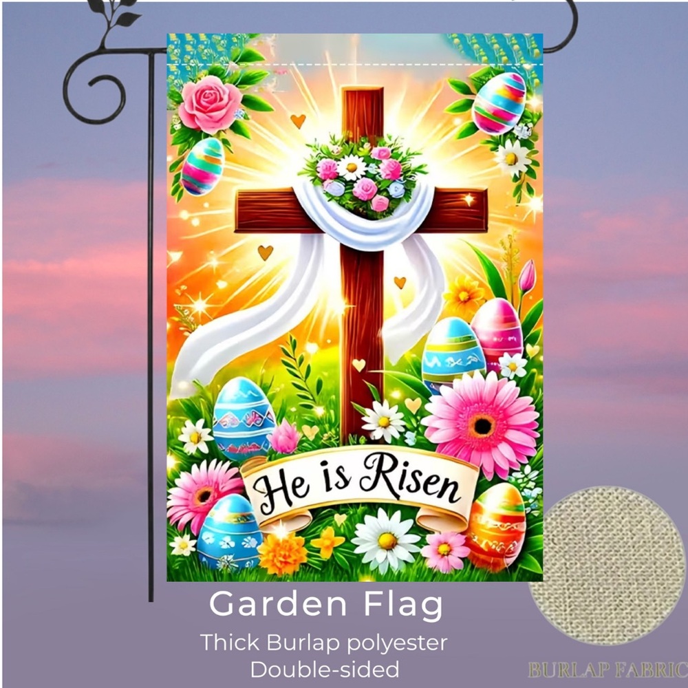 Garden flag, 12” x 18”, Easter, He Is Risen, thick burlap polyester double-sided